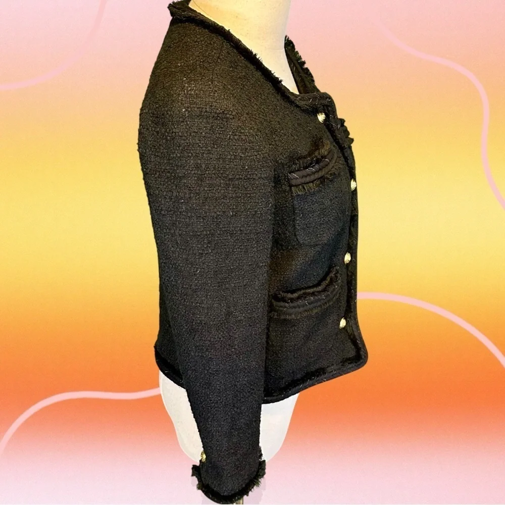 J. Crew Black Wool-Blend Tweed Gold Button-Front Patch Pocket Lady Jacket Size 0